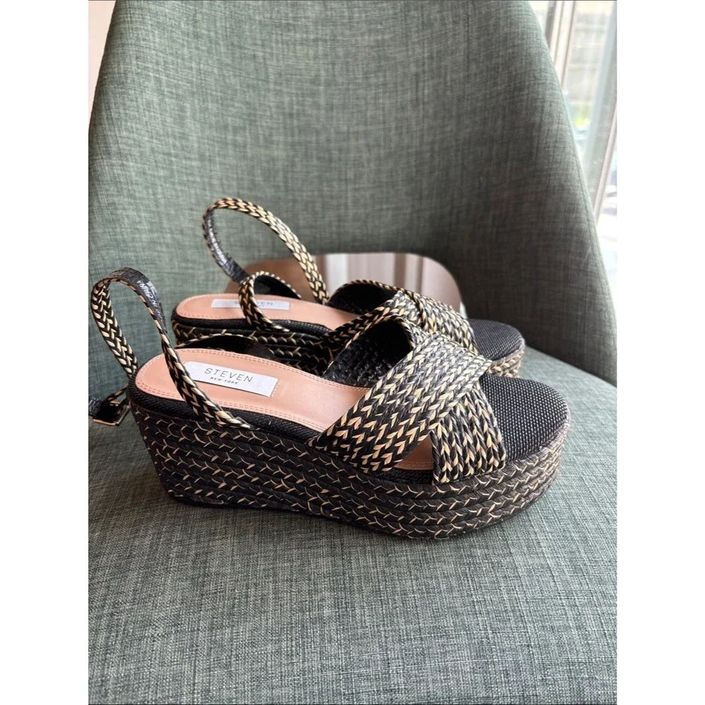 Steven women woven Black Natural tan Platform Sandals strappy resort 8.5 summer